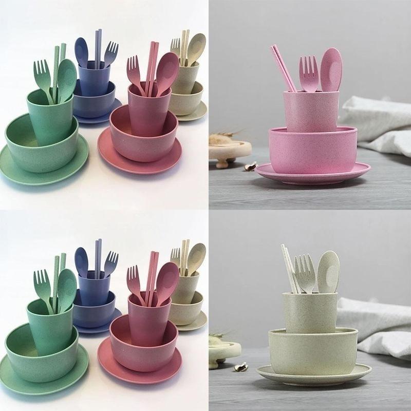 6Pcs/Set Wheat Straw Baby Tableware Children Food Dishes Bowl Feeding Infant Learning Dinnerware Spoon Chopsticks Fork Cup