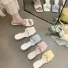 Slippers French Style Bow High HeelOne-StrapWomen'sSummer Outdoor Wear Square Toe Wedge HeelSandals