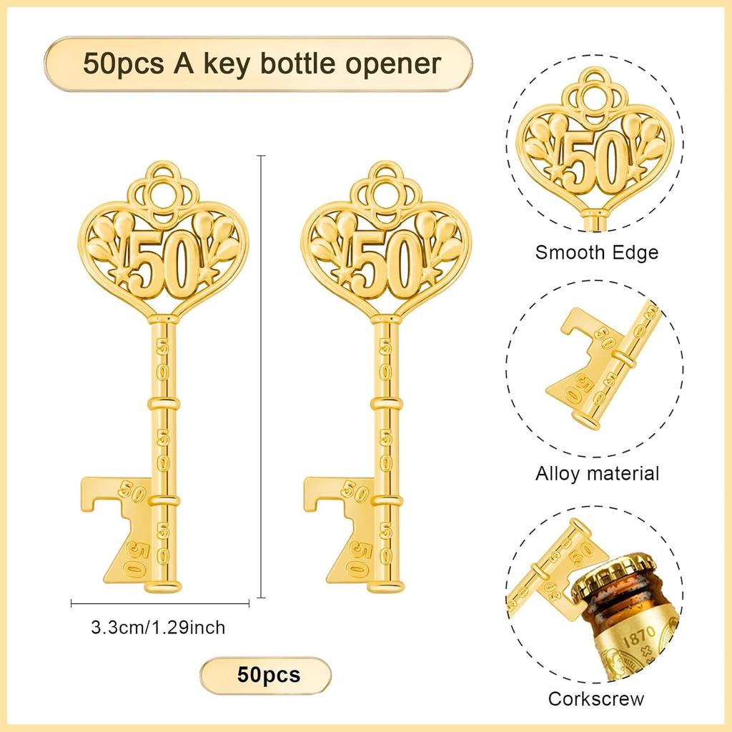 50Pcs 50th Gold Key Bottle Opener 50th Birthday Party Favors, 50th Anniversary Souvenirs Return Gifts 50th Key Beer Bottle Opener With Thank You