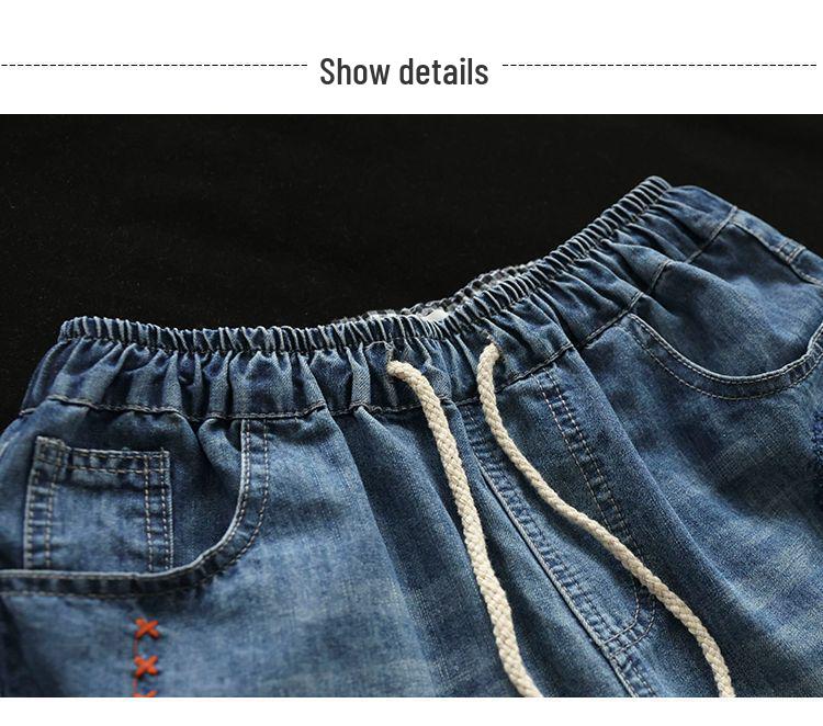 Damen Retro Stickerei Elastischer Bund Schnürung Denim Shorts - Große Größen, Fünf-Punkt Gerades Bein, Sommer 2026 Kollektion.