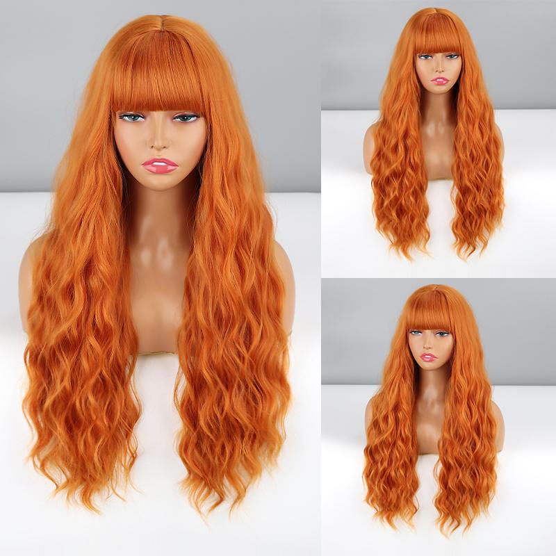 LISI HAIR Brown with Blonde Highlights Ombre Color Long Wavy Wig with Bangs Synthetic Fiber Women Daily Wear Cosplay Wavy Wig