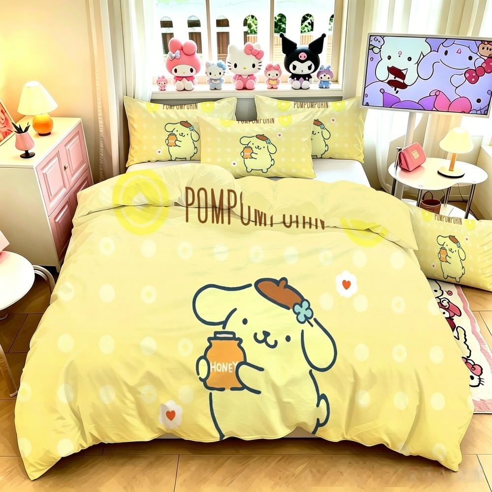 Sanrio Pompompurin Kawaii Bedding Set Duvet Cover With Pillowcases, Soft Quilt Cover For Bedroom Decor Gift Single Double Queen