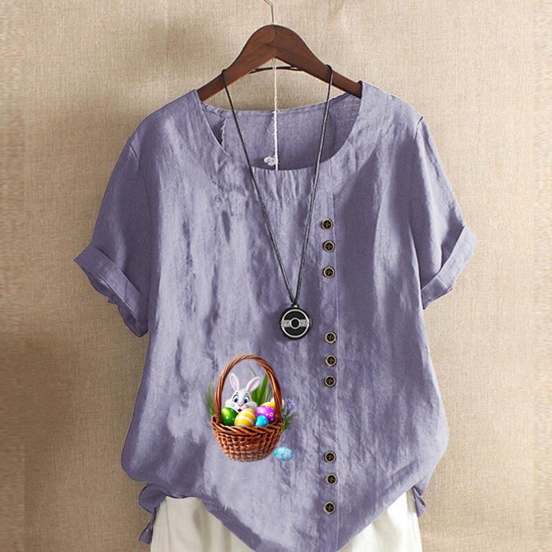 Women's Fashion Round Neck Short Sleeve T-shirt Casual Cotton Linen Graphic Shirt Leisure Loose Rabbit Prined Summer Blouse Tops
