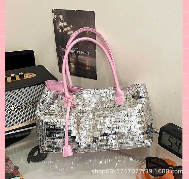 

Женская сумка большой вместимости 2025 Новая модная плетеная сумка-тоут с пайетками Повседневная сумка на одно плечо Ручная сумка-подмышка розовый