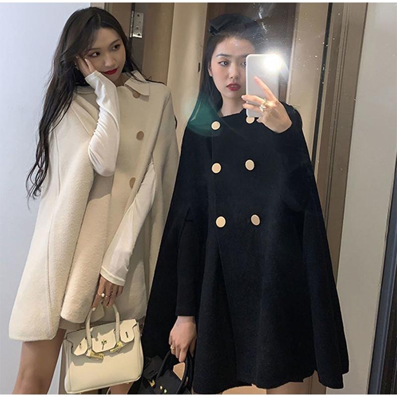 

Осенне-зимнее двубортное женское пальто-накидка, свободное однотонное женское пальто, модные элегантные женские накидки с лацканами S