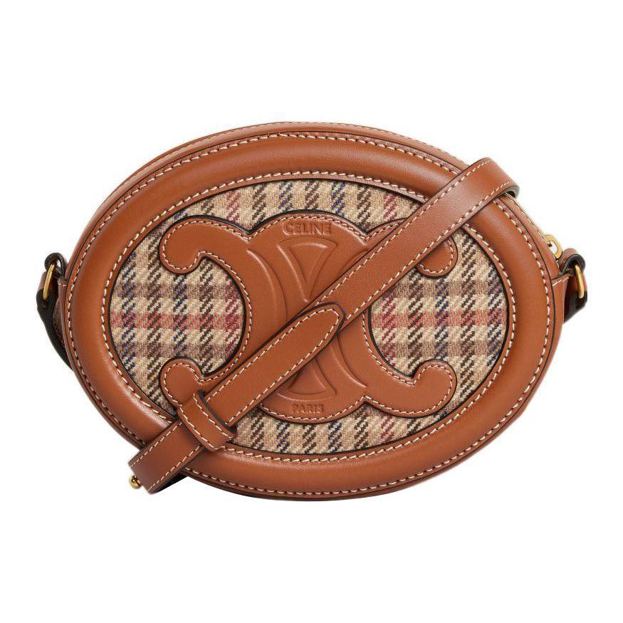 Celine Triomphe Logo Embossed Oval Fabric And Leather Mooncake Bag Wallet Crossbody Shoulder Bag Women Bags Brown 10I702EQH-14ML