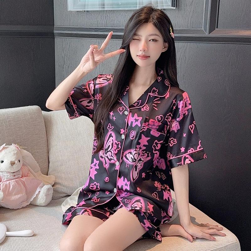Girls Gradually Change Butterfly Ice Silk Pajamas Women'S Summer Short-Sleeved Shorts Sweet Cool Wind Loungewear