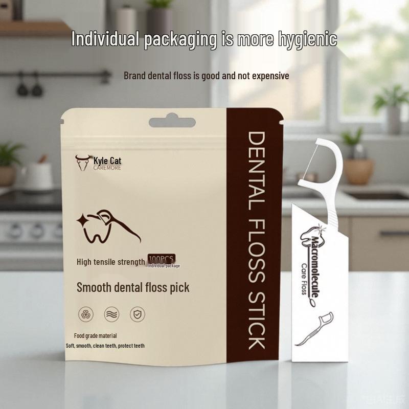 Individually packaged dental floss sticks, 100 pieces per pack.