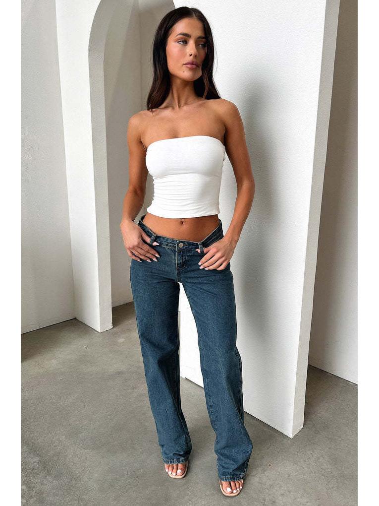 Trendy Low-Waist Retro Straight-Leg Jeans - Lockerer Denim im europäischen und amerikanischen Stil L dunkelblaue