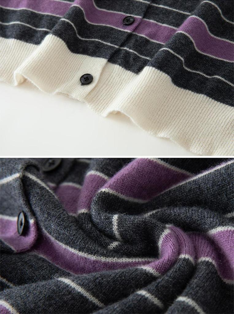 2026 Autumn/Winter Women's Pure Wool Color Block Stripe Loose Knit Cardigan Sweater