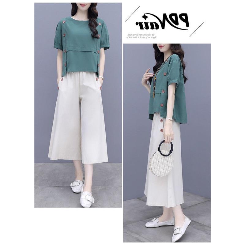 Women's Cotton Linen 2-Piece Set Short Sleeve Blouse & Wide Leg Pants