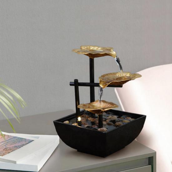 Tabletop Fountain USB Powered Small Waterfall Fountain with Rocks 3 Layers Lotus Relaxation Desktop Waterfall Decoration for Table Office Bedroom