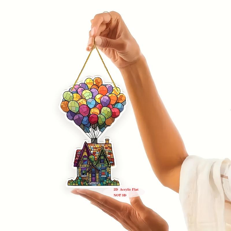 2D Flat Glass-Style Colorful Acrylic Hot Air Balloon and House Desktop Decoration, Suitable for wall Decoration, porch, Room, Villa, accents Home, Hal