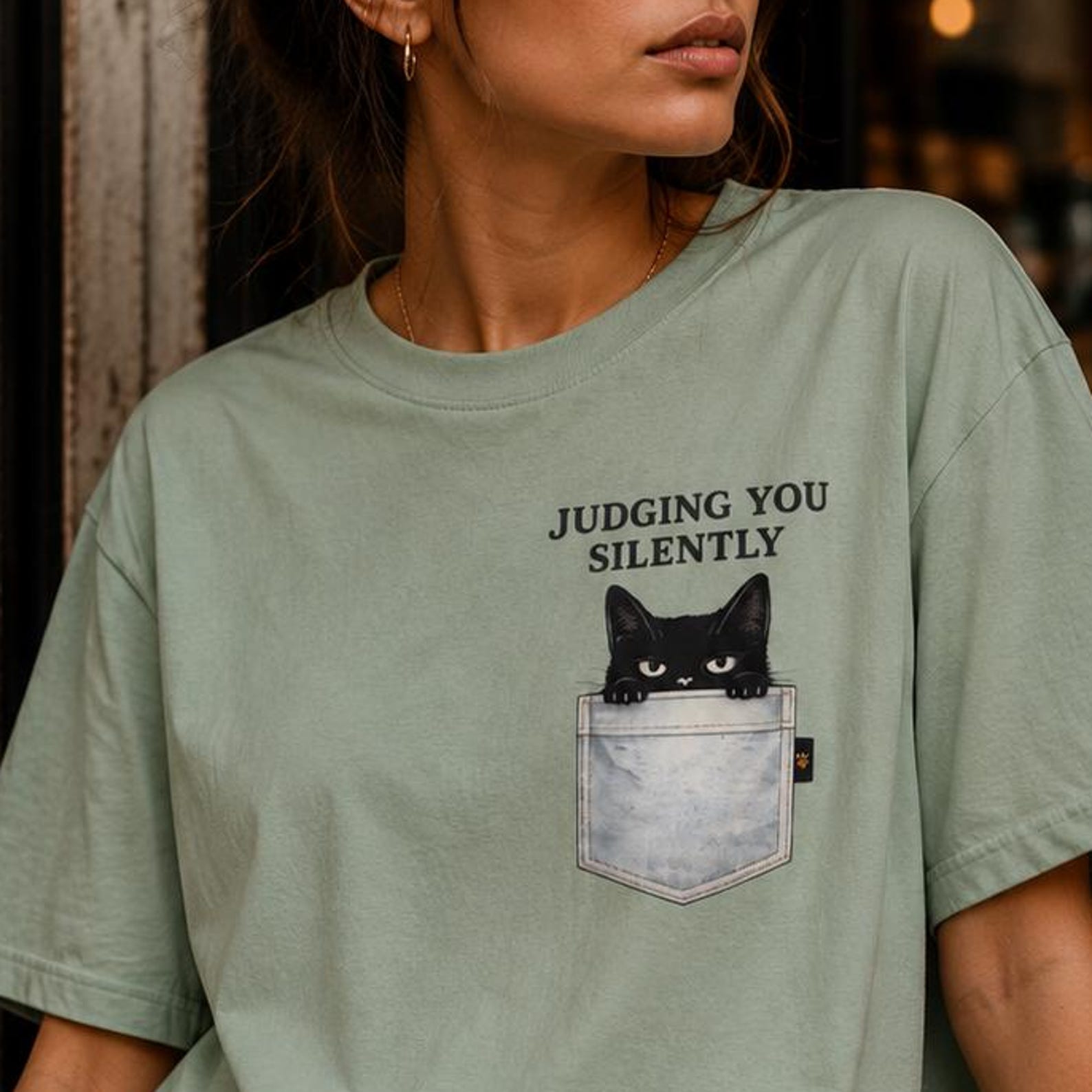 Judging You Silently Cat Shirt, Funny Black Cat Tee, Pocket Cat T-Shirt, Sarcastic Cat Lover Gift, Introvert Tee 2XL