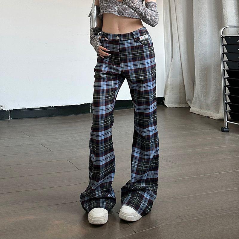 

Printed Checks Micro-Pull Sexy Fashion Leg-Showing Casual Pants Blue L