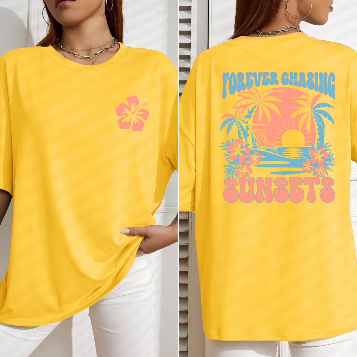 

Forever Chasing Sunsets Beach Coconut Tree Print T-Shirt Women Summer All-Match T Shirt Y2K Soft Clothes Loose Tops S
