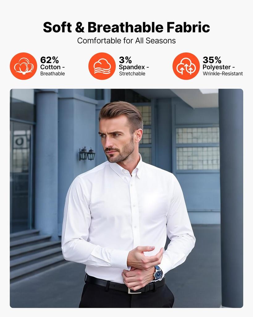 Men's Button Up Shirt, Mens Long Sleeve Wrinkle-free Button Down Dress Shirts, Slim Fit Soft Stretch Fabric for Business Casual or Formal, Work,
