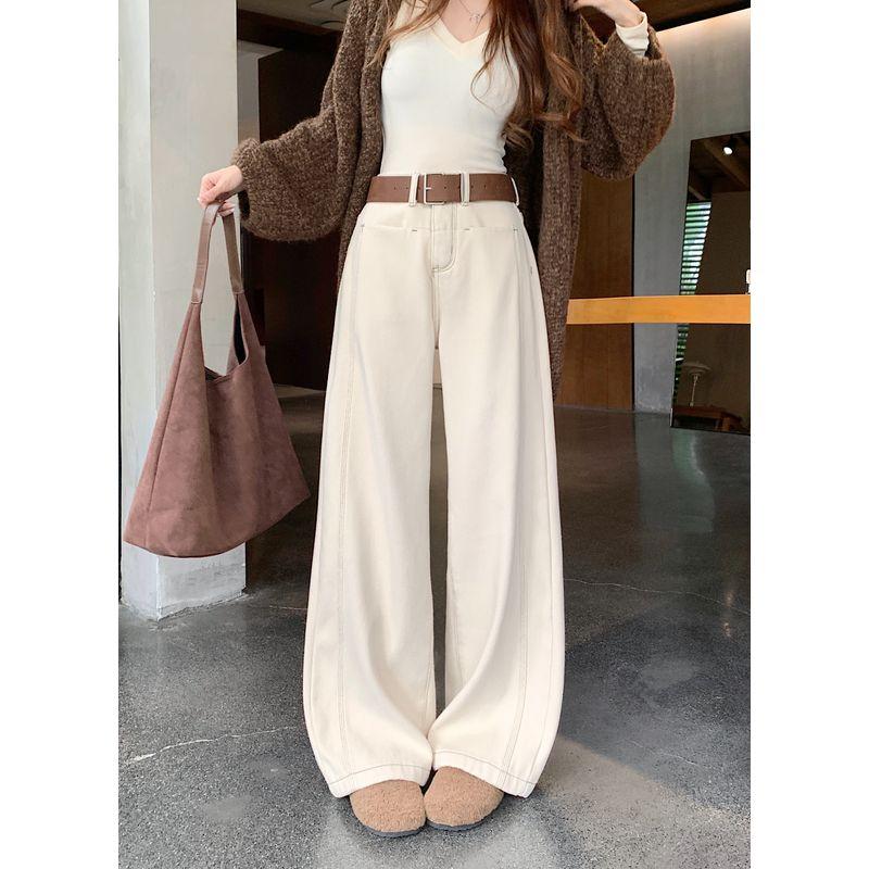 

Kumikumi Retro Distressed Blue Jeans Bootcut Trousers Women clothes Autumn High Waist All-Match Wide Leg Pants Mopping Pants Beige S