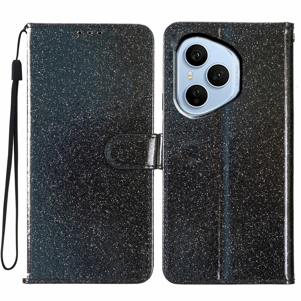 Für Honor 400 Pro 5G (Global) Glitzernde Kratzfeste Leder-Ständer-Handyhülle mit Riemen