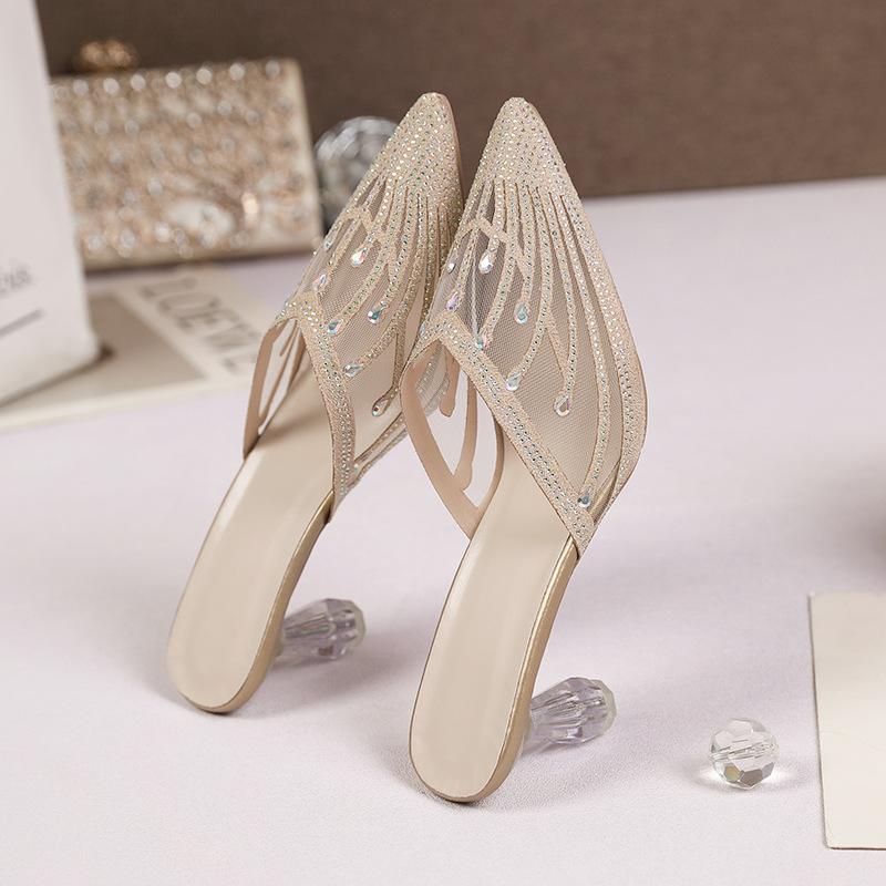 

2025 лето новая сетчатая сумка со стразами, полушлепанцы, женская мода, верхняя одежда, женская обувь, остроносые, хрустальный каблук, высокий каблук, сандалии 40 золотой