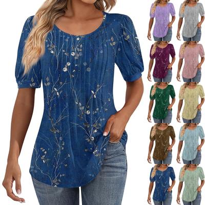 Women's Puff Short Sleeve Tunic Tops Pleated Neck Blouses Casual Loose Spring And Summer T-Shirts
