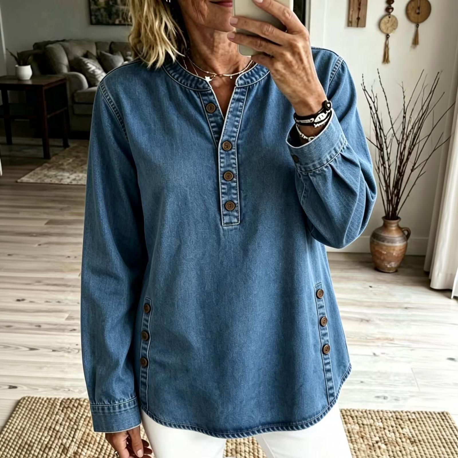Women s Casual Loose Fit Denim Shirt with Stand Collar S