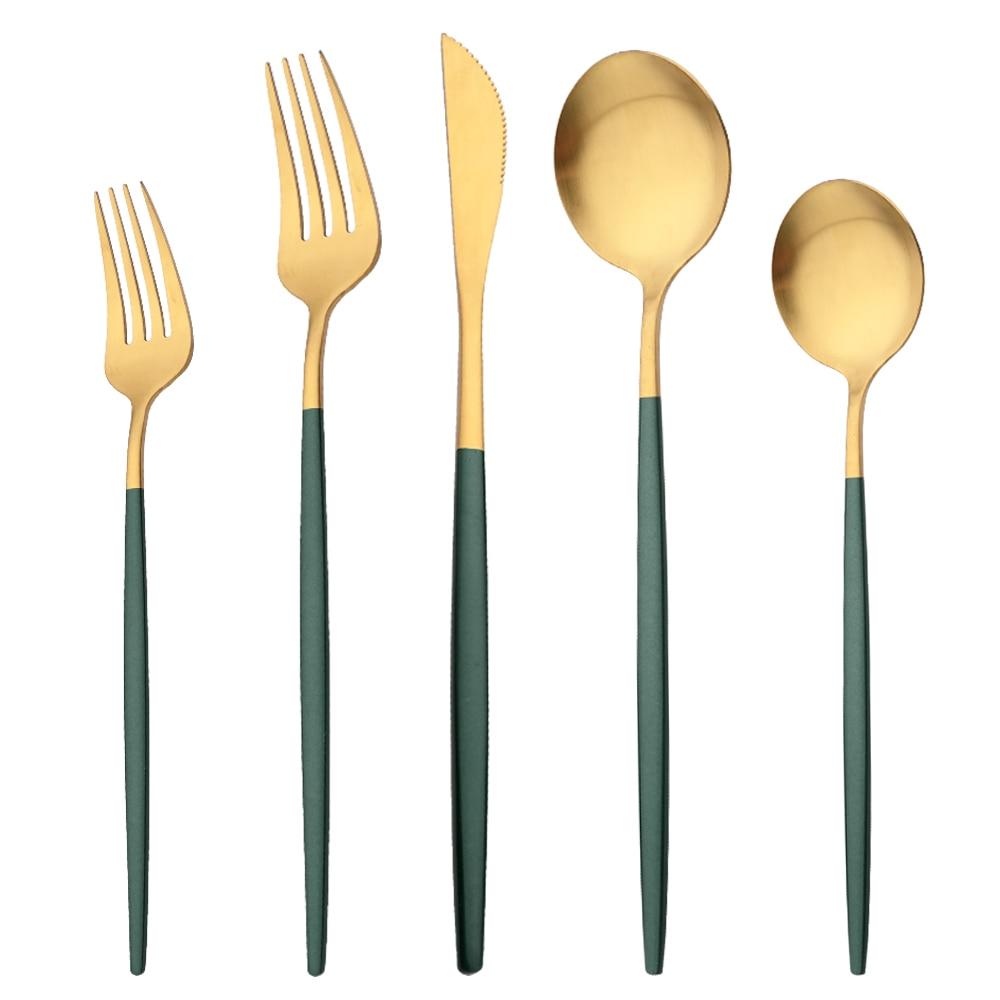 5Pcs/Set Pink Gold Tableware Stainless Steel Matte Dinnerware Cutlery Set Flatware Knife Dessert Fork Spoon Kitchen Accessories For Home