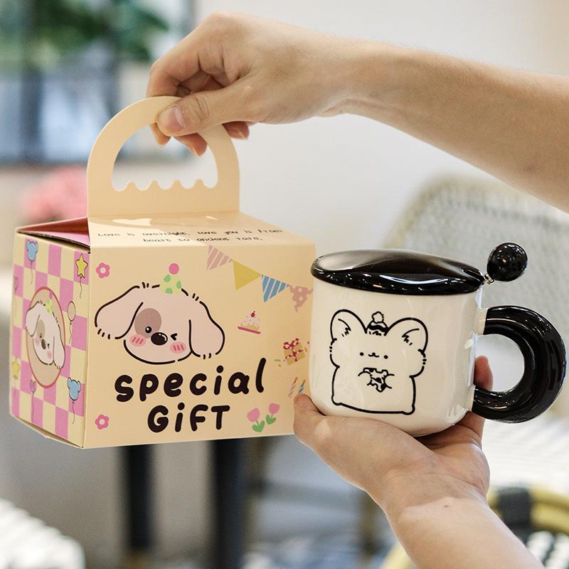 Niedlicher kleiner Tierbecher mit Deckel Löffel Keramiktasse für Mädchen Souvenir Wasserbecher Gedenk Geburtstagsgeschenk