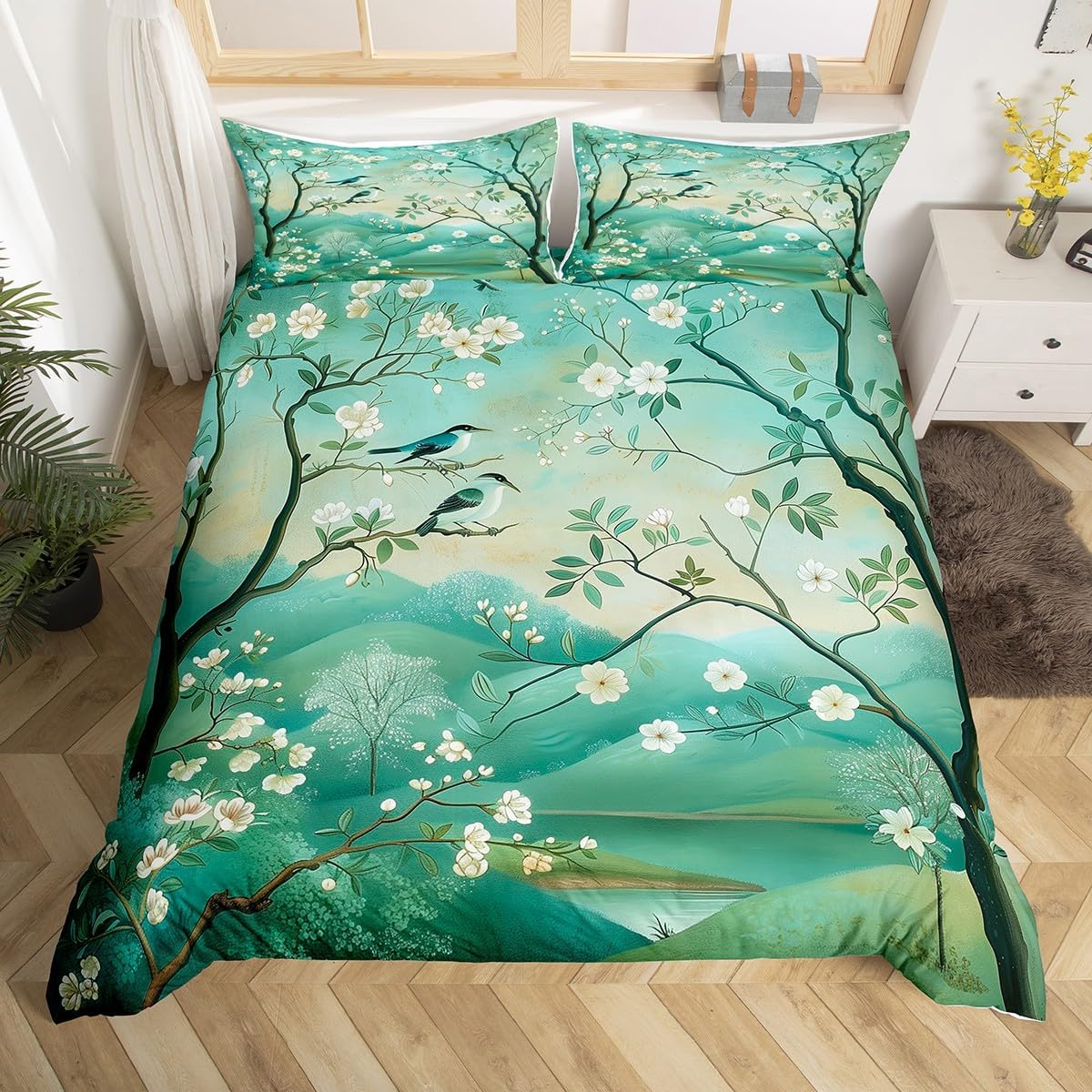 

Girly Cherry Blossom Duvet Cover,Japan Style Flowers Bedding Set Full King,Mountain Landscape Comforter Cover,Cute Birds Bed Set EU Single(135x200cm)