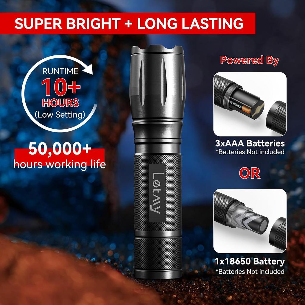 LETMY Tactical Flashlight S2000-2 Pack Bright Military Grade LED Flashlights High Lumens - Portable Handheld Flash Light, 5 Modes Zoomable Waterproof