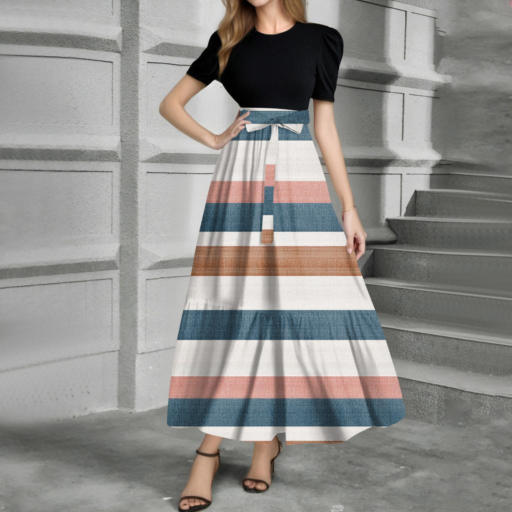 Women's Fashion Casual Belt Short Sleeve Round Neck Print Stitching Elegant Temperament Dress