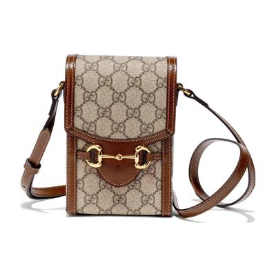 Horsebit 1955 GG Supreme Mini Umhängetasche, Beige Leinwand Braun Leder, Unisex Tägliches Einkaufen Reisen Vertikale Handytasche 625615-92TCG-8563