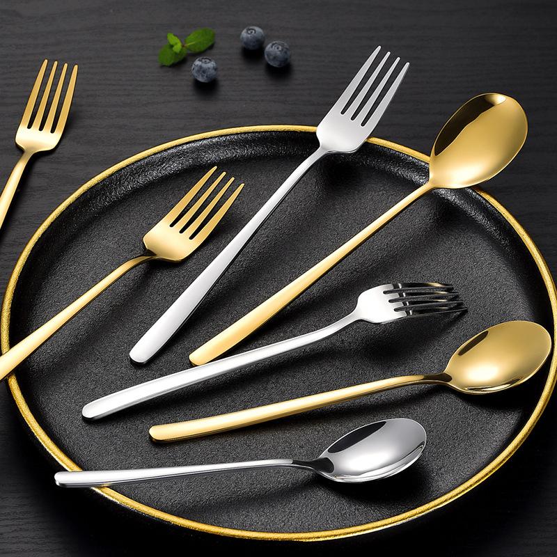 2Pcs Stainless Steel Golden Silver Fork Spoon Fork Spoon Heat-Insulated Long Handle Stirring Dessert Spoons Kitchen Gadgets