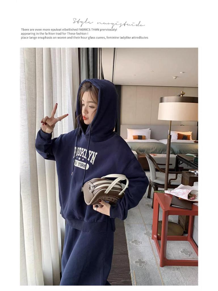 Korean Style Autumn Plus Size Slimming Hooded Sweatshirt and Skirt Two-Piece Set for Women