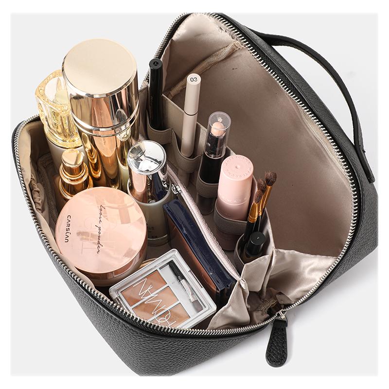 Top Grain Cow Leather Makeup Bag, 2 Sizes Litchi Grain Double Zipper Portable Handheld Travel Toiletry Bag Large Capacity Skincare Storage Organizer