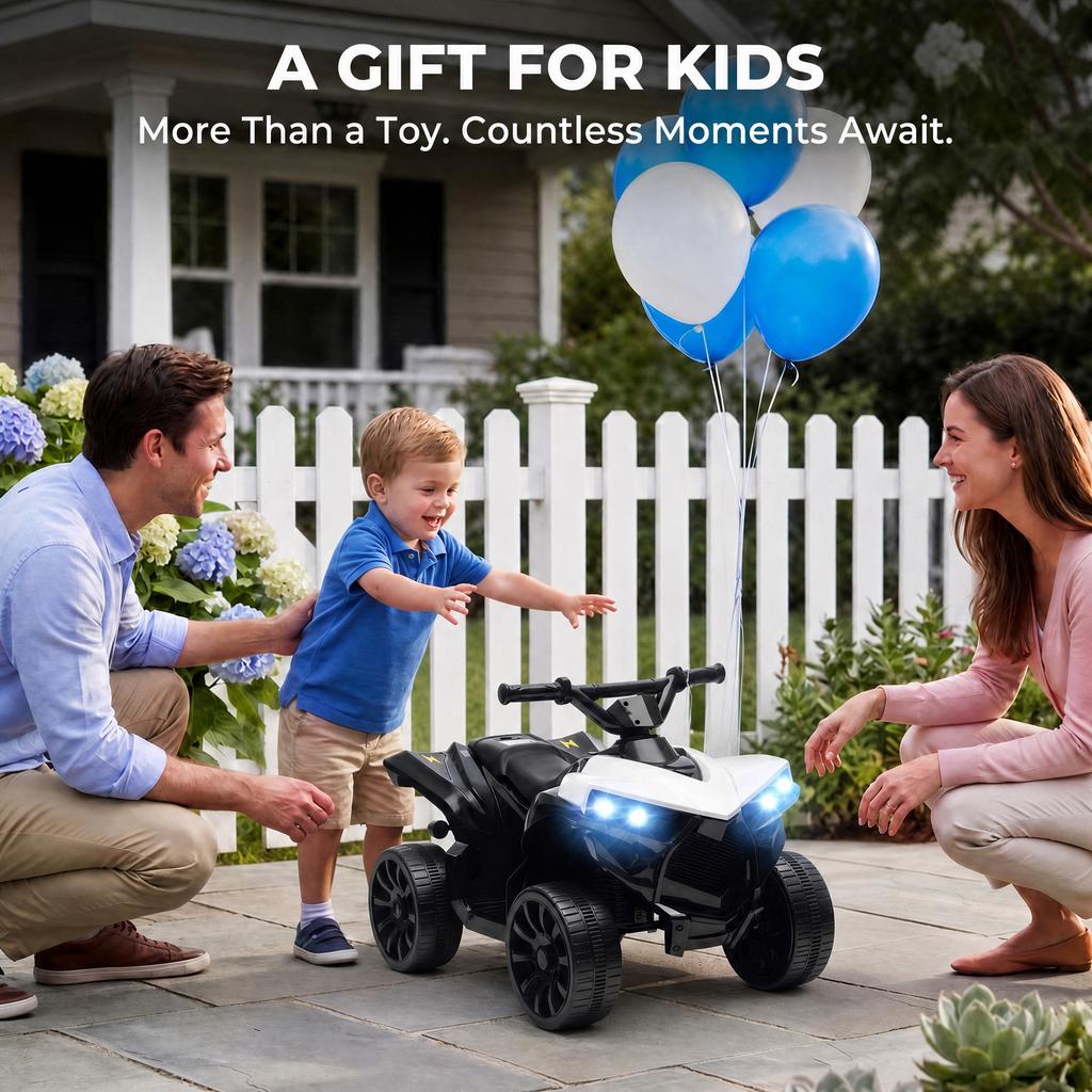 6V Kids ATV, 4 Wheeler Electric Ride on Car with Music and LED Headlights, for Ages 18-56 Months Boys and Girls, White