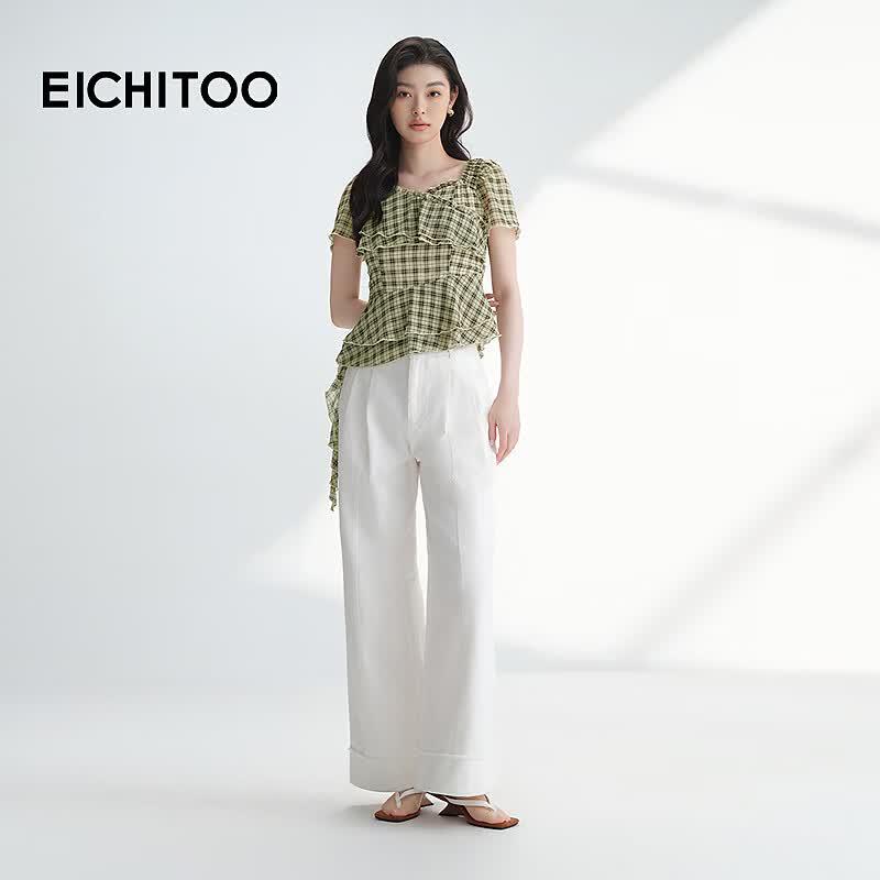 EICHITOO Women's Plaid V-Neck Short-Sleeved Shirt