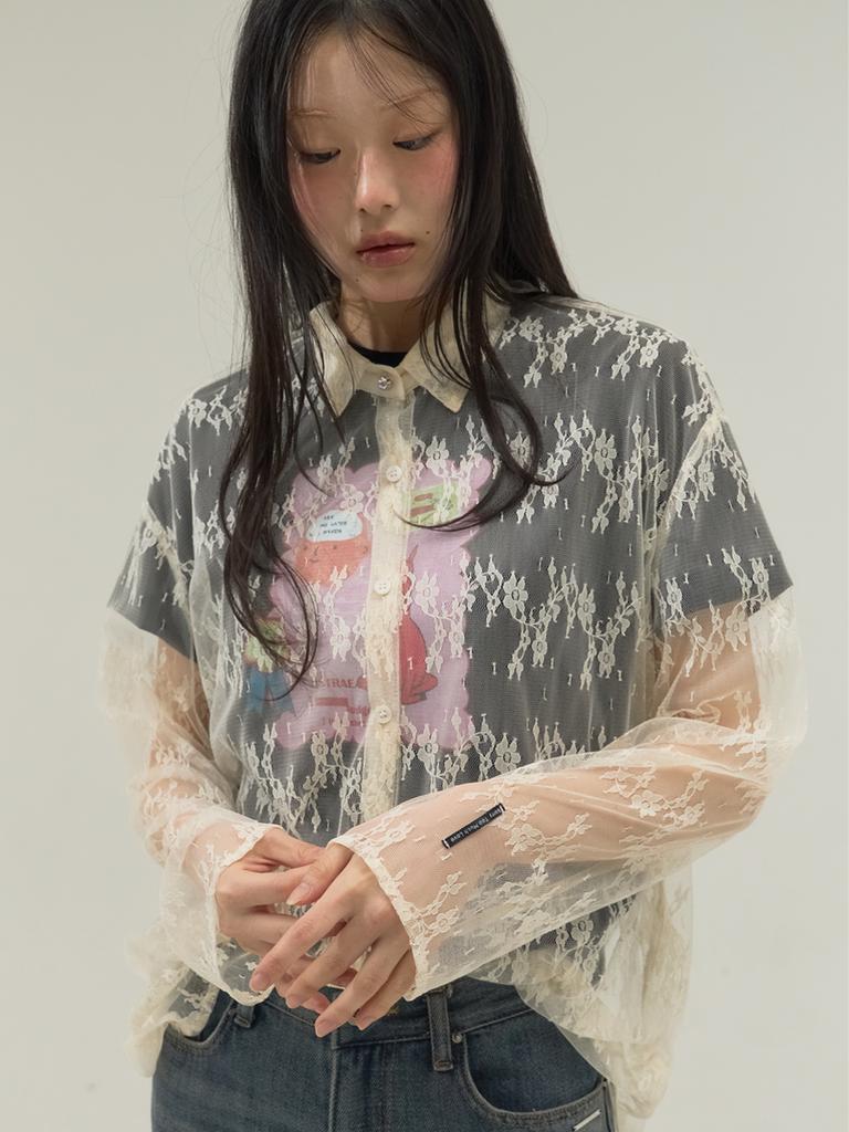 SORRY, TOO MUCH LOVE Sheer Lace Classic Collar Blouse_Cream