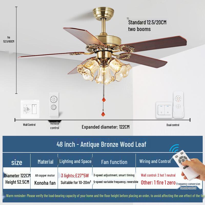 Mid-Century European Retro Ceiling Fan Light with Iron Blades - Variable Frequency High Airflow for Living Rooms or Restaurants.