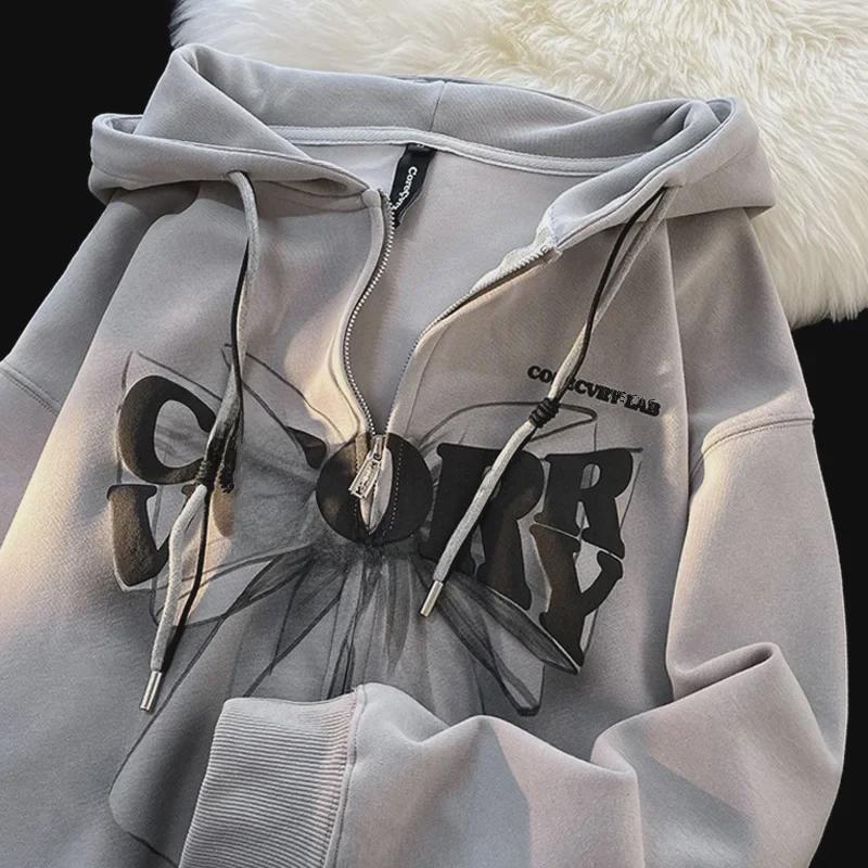 Oversized Loose Fit Hooded Cardigan Sweater for Women with Foam Print Design