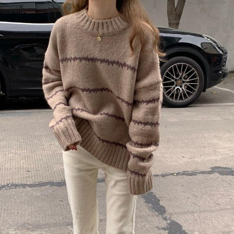 

Retro Japanese and Korean Lazy Hong Kong Style Student Fashion Striped Half High Collar Loose Pullover Sweater Sweater for Women Khaki One size