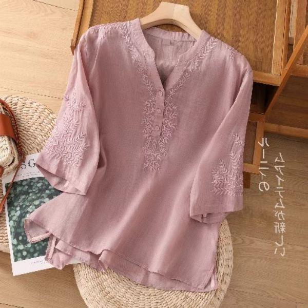 2025 Summer Women's V-Neck Cotton Linen Embroidered Loose Short Sleeve Plus Size Top