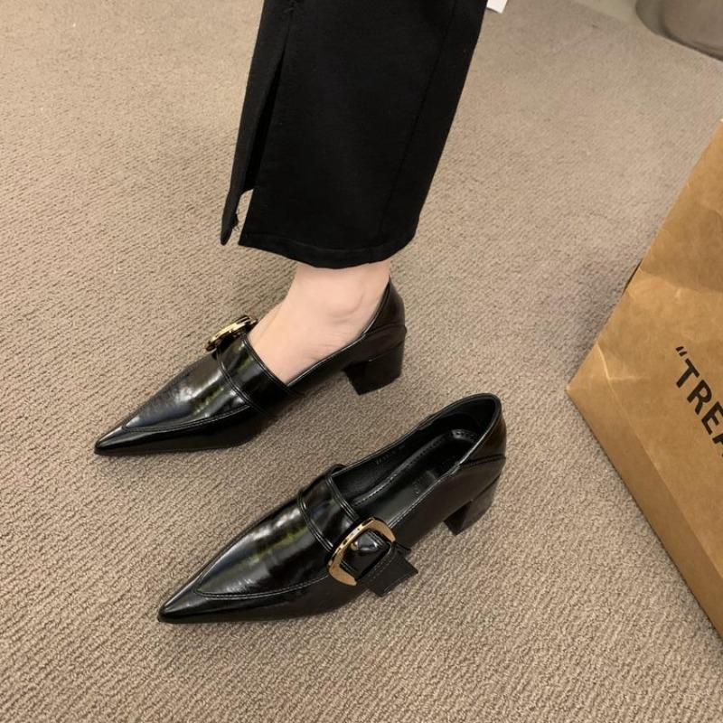 2026 Autumn Deer hide velvet Mary Jane shoes - French retro pointed-toe shallow-toe high-heeled single shoes with belt buckle