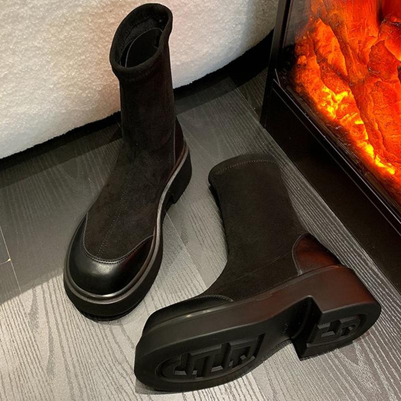 SyfIyno NEW Comfy High Brand Women's Shoes Women's Boots Mid-Calf Boots Round Toe Low Heel Short Leg Women's Fashion Boots