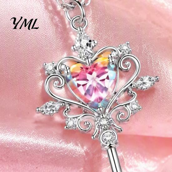 Minimalist Key Shaped Necklace Magic Pendant Necklace, Pink Cubic Zirconia Heart Cute Jewelry Rhinestone Sweet Fairy for Women Girls Delicate
