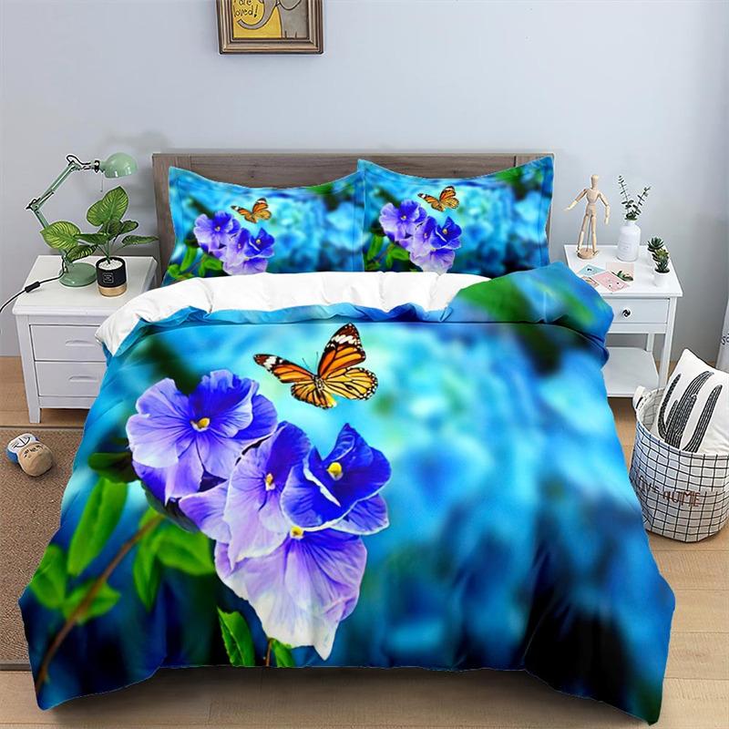 3D Colorful Butterfly Duvet Cover Natural Floral And Butterflies Pattern Bedding Set For Girl Women Microfiber With Pillowcases
