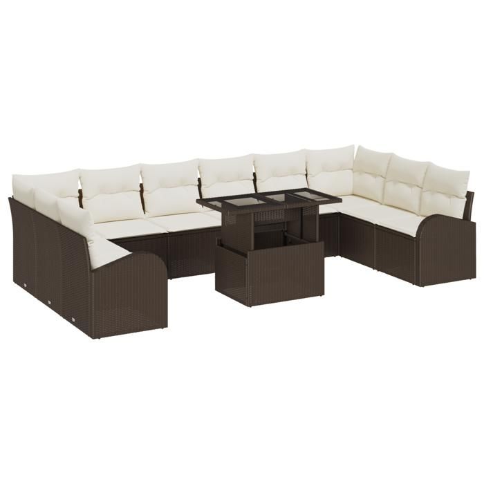 Ensemble de canapé de jardin 11 pièces avec coussins marron poly rattan, Canapé de jardin 2 places avec rangement 3357451
