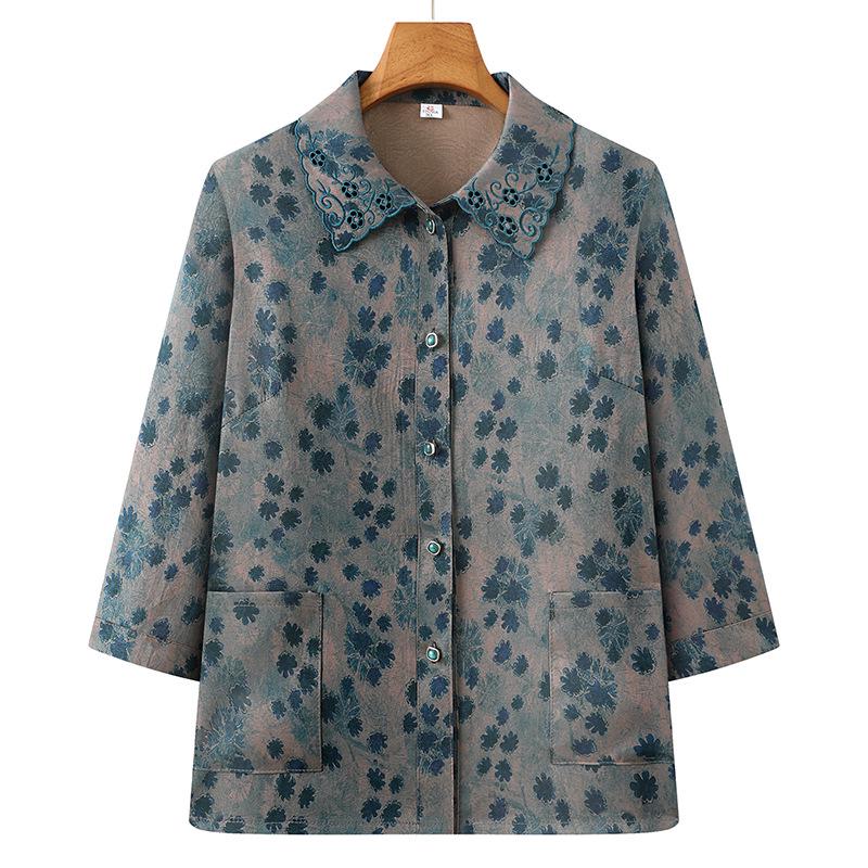 

Women s Grandma-Style Seven-Point Sleeve Printed Top - Loose Fit for Middle-Aged & Elderly 3XL [Recommended for 115-130 lbs] зелёный