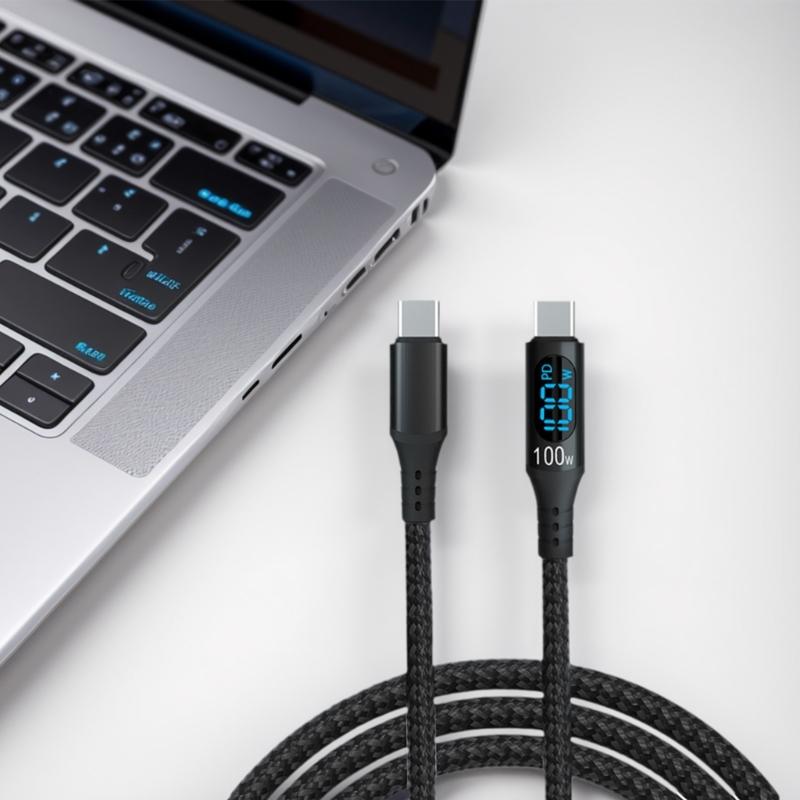 Braided USB C Charging Cable for Phone Tablet 1 Meter 100W 5A Fast Charge Real Time Power Monitor Type C To C Cord