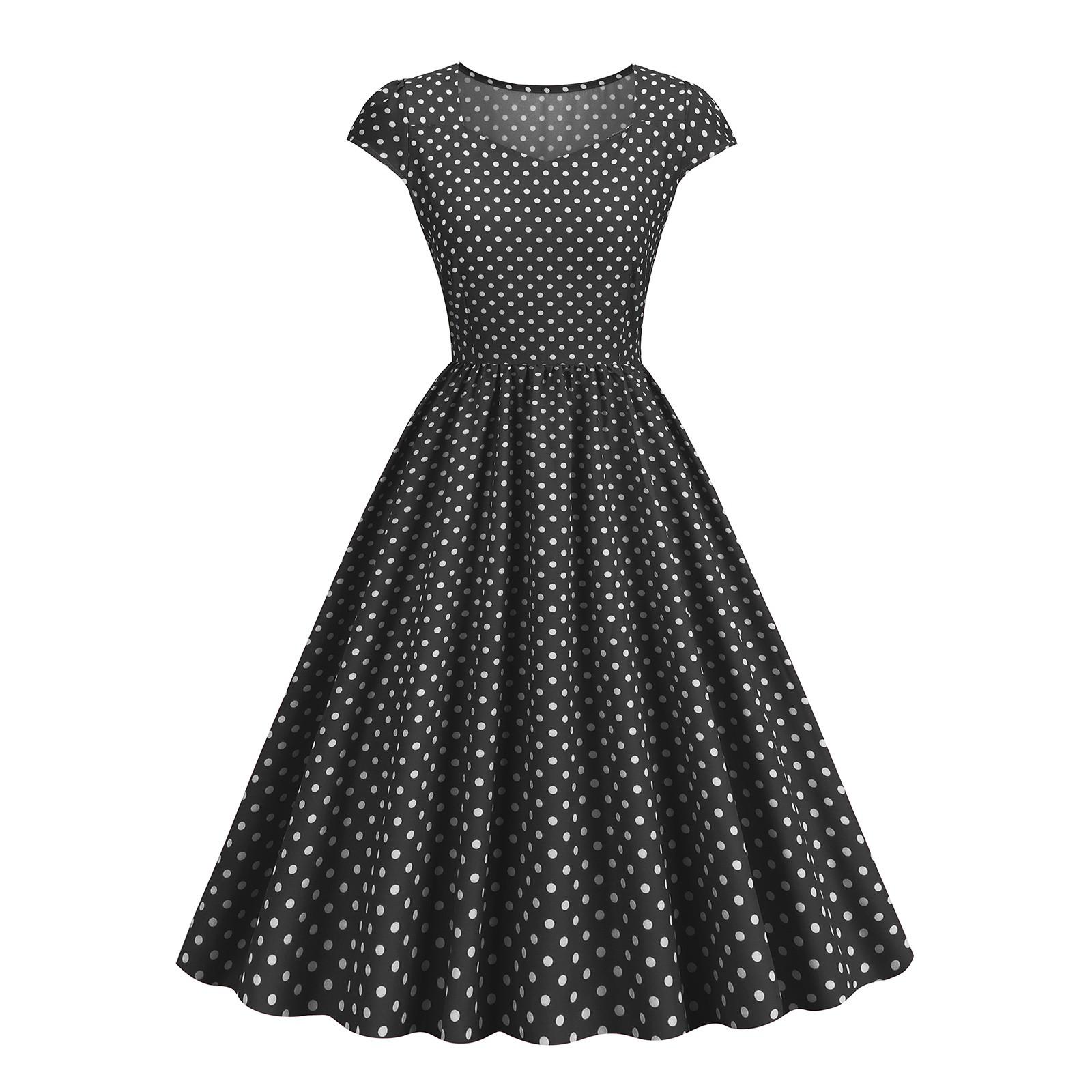 

Женское платье с квадратным вырезом и коротким рукавом с большим подолом и принтом в горошек, боковая молния S чёрный